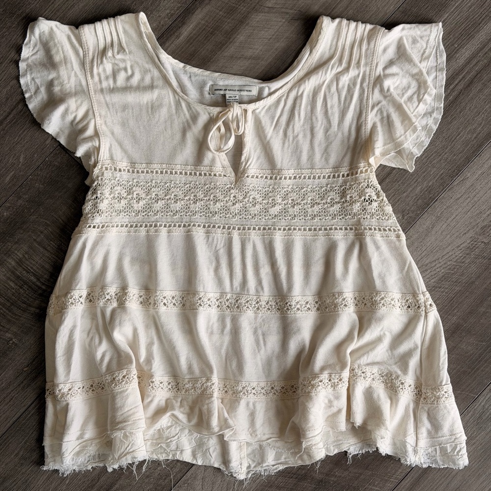 American Eagle Outfitters Women’s Cream Peasant Top with Lace Inset
